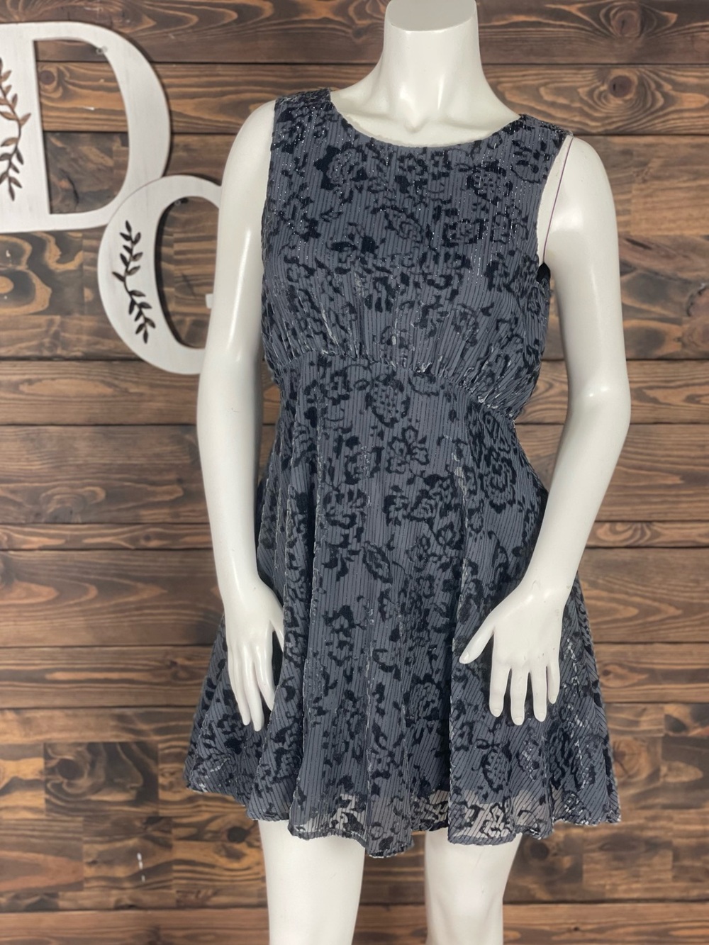 Free People | Sleeveless Charcoal‎ Burnout Floral Velvet Stripe A-Line Dress